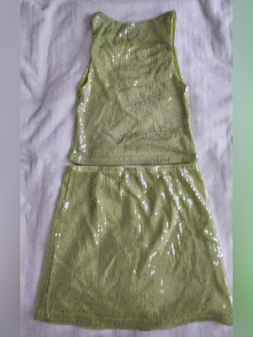 White Fox Sequin 2PC Set Lime green.  Top S. Skirt M. - Picture 2 of 8